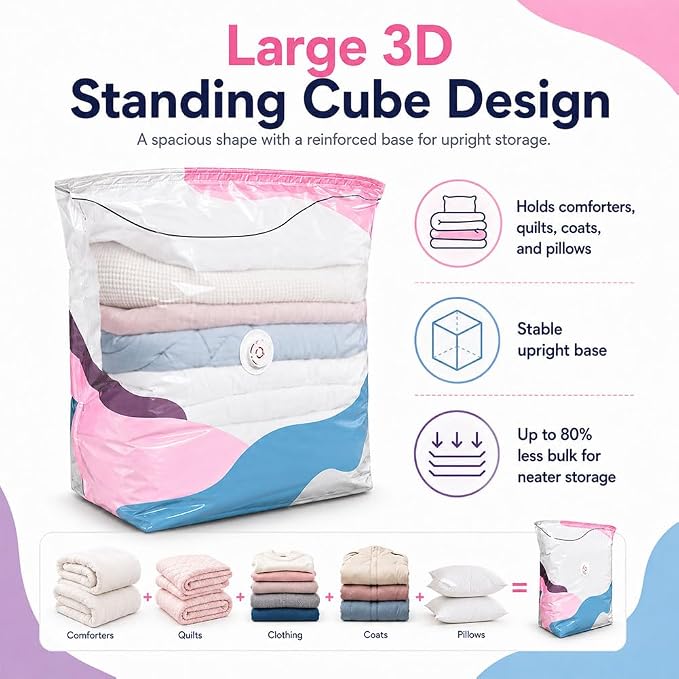 No Pump 3D Vacuum Storage Bags, Vacuum Pack Bags for Clothes 3-Sec Fast Compression, Pump Free Vacuum Storage Bag 3D, Vacuums Pack Bag for Clothes, Duvet Travel and Home