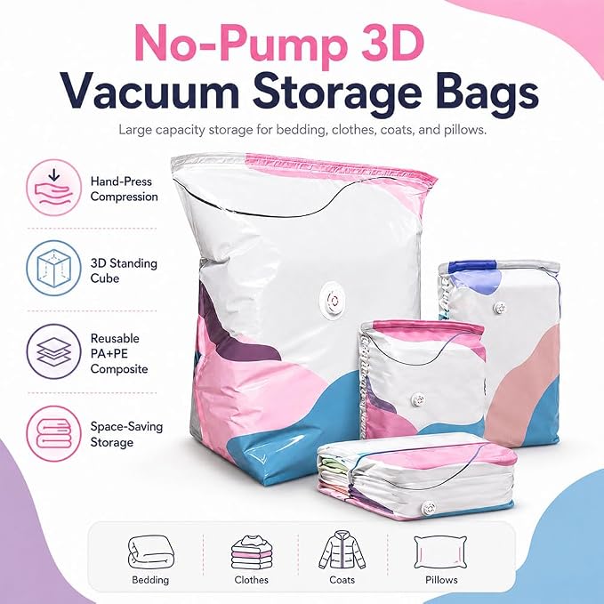 No Pump 3D Vacuum Storage Bags, Vacuum Pack Bags for Clothes 3-Sec Fast Compression, Pump Free Vacuum Storage Bag 3D, Vacuums Pack Bag for Clothes, Duvet Travel and Home