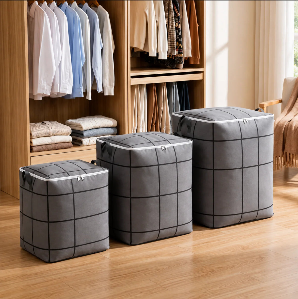 (100L) MULTI 1PCS Foldable Clothes Storage Bags with Zipper & Handles