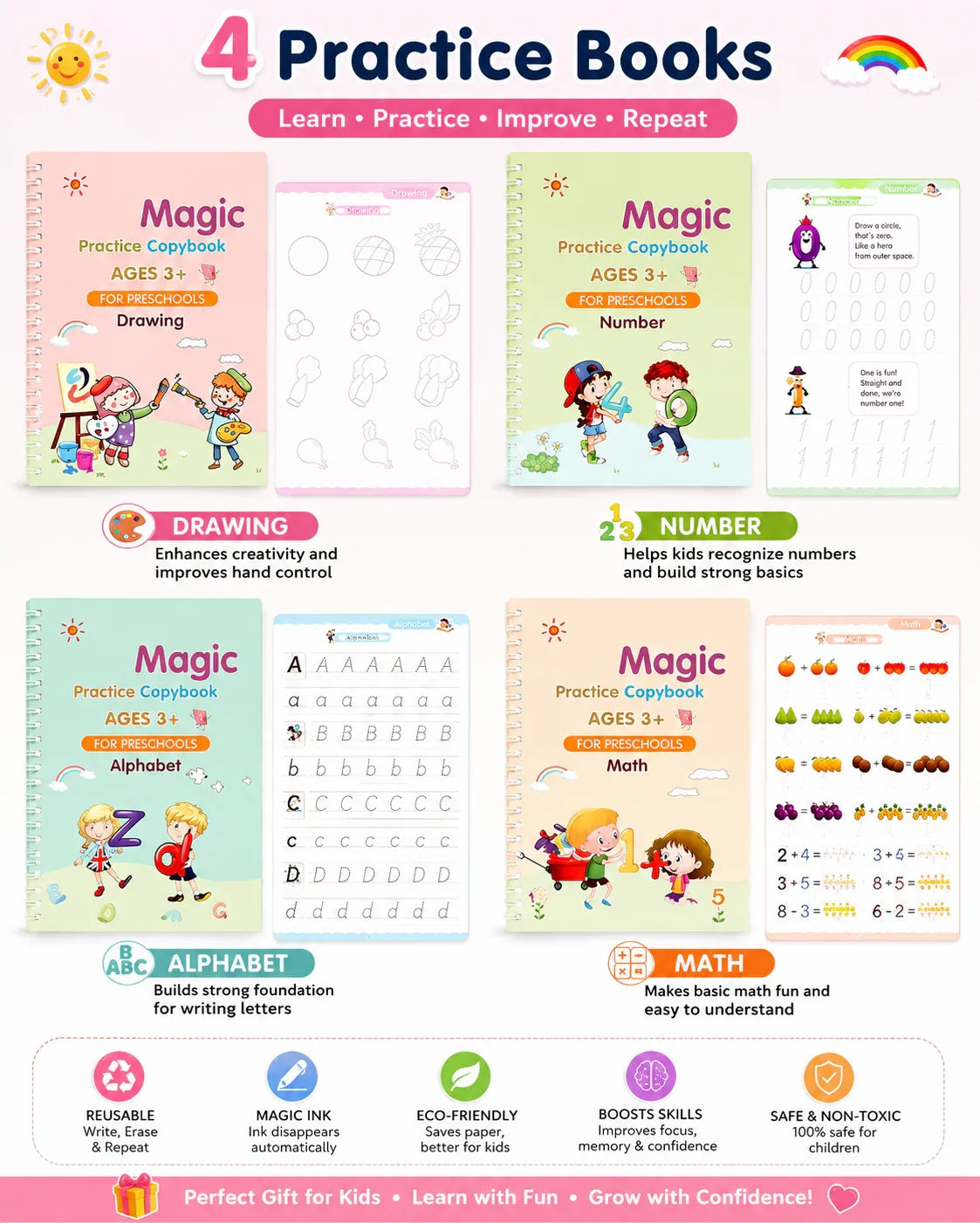 Magic Book for Kids, Sink Magic Practice CopyBook, (4 Books+10 Refills+1 Pen+1 Grip) ( Pack Of 1 )