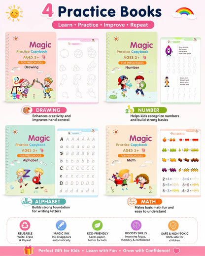 Magic Book for Kids, Sink Magic Practice CopyBook, (4 Books+10 Refills+1 Pen+1 Grip) ( Pack Of 1 )