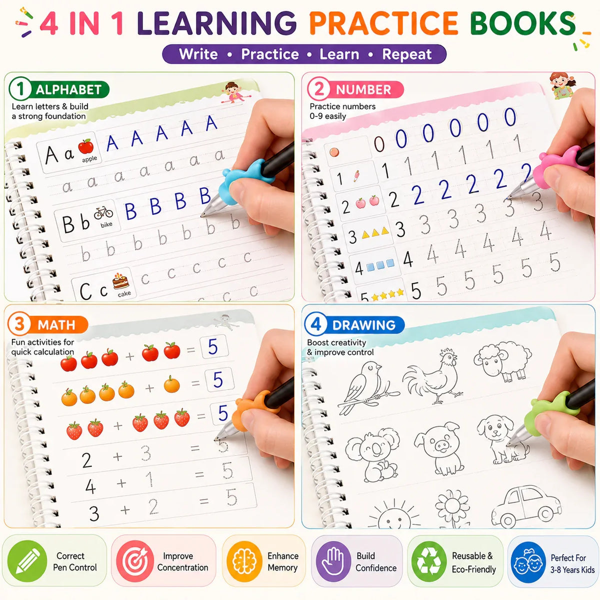 Magic Book for Kids, Sink Magic Practice CopyBook, (4 Books+10 Refills+1 Pen+1 Grip) ( Pack Of 1 )